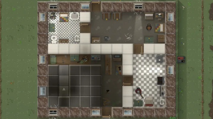 A crew's place with the roof off: kitchen, washroom, the stairs up.