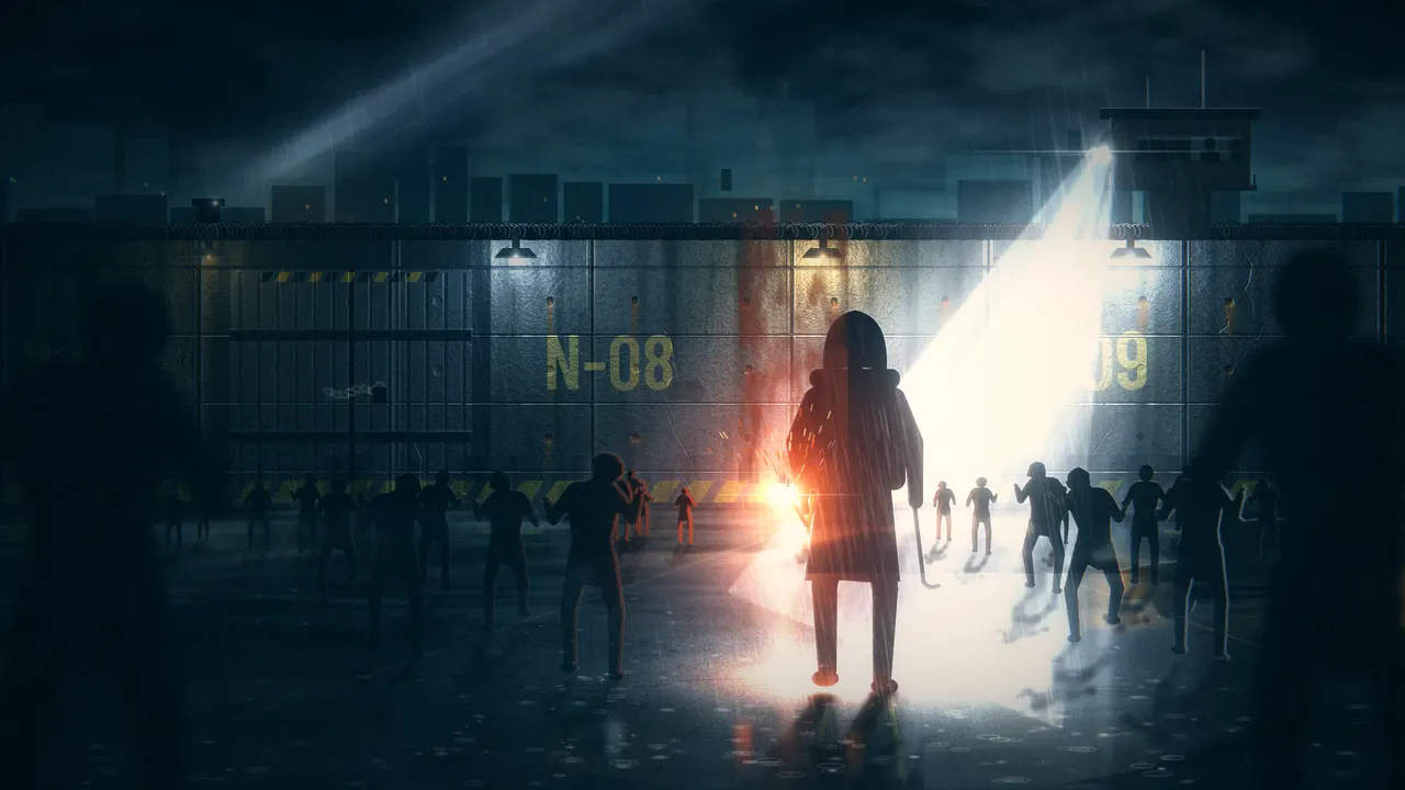 Key art: a survivor caught in a searchlight at the Cordon wall