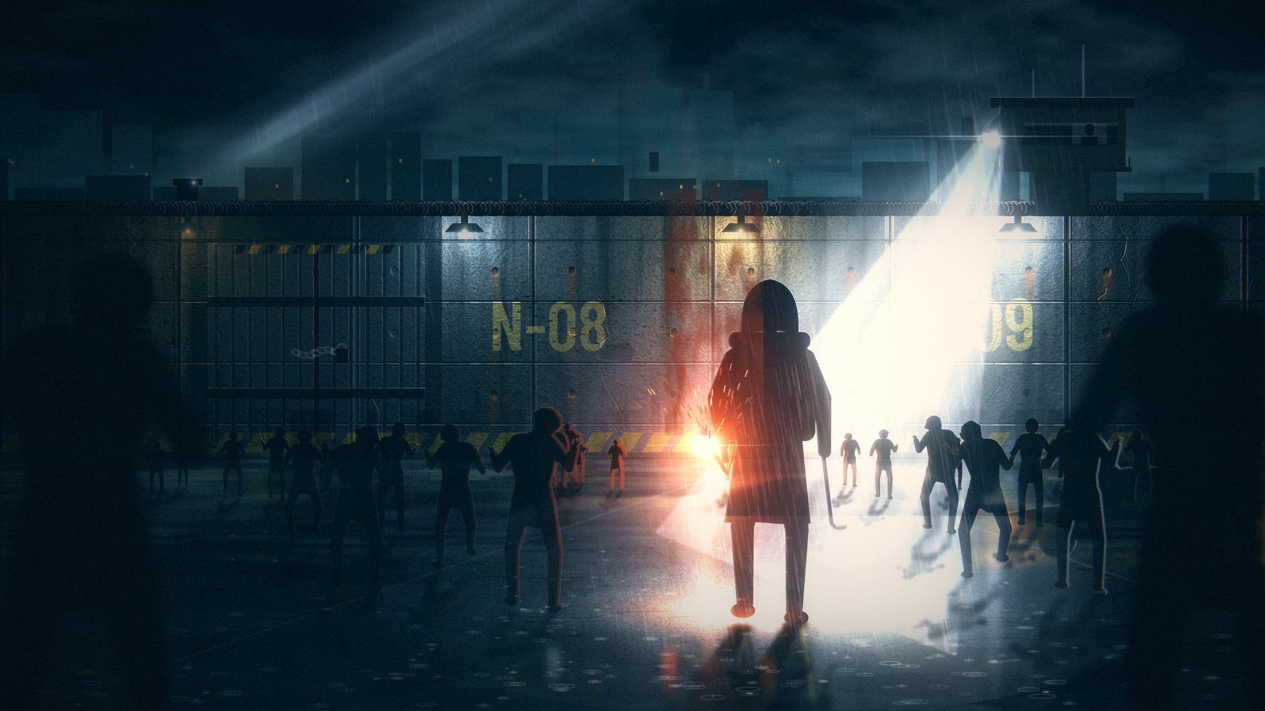 A lone survivor in the rain at the Cordon wall at night, caught in a guard tower's searchlight, a red flare in one hand, the infected closing in.