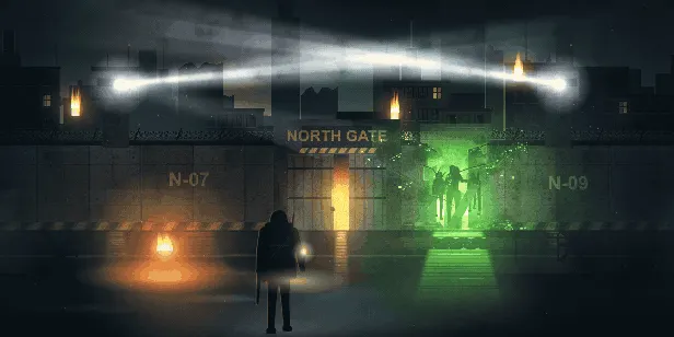 Two searchlights sweeping the Cordon wall, a lone survivor at the north gate